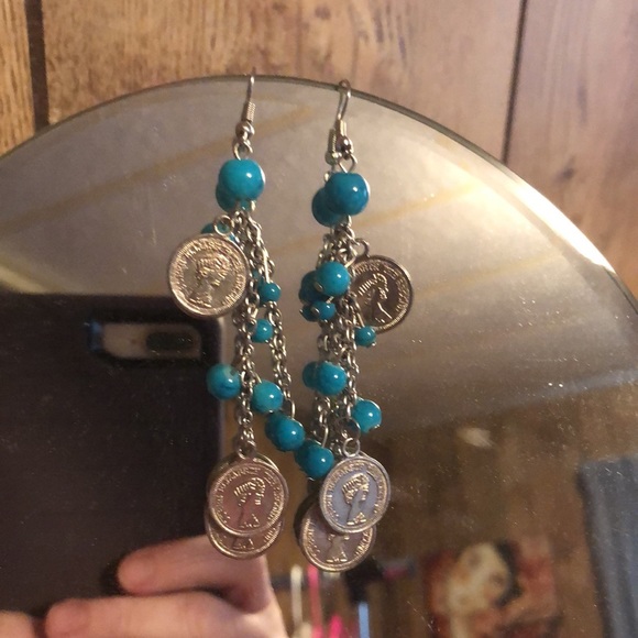 Pretty Faux Turquoise Coin Dangle Earrings - Picture 5 of 9